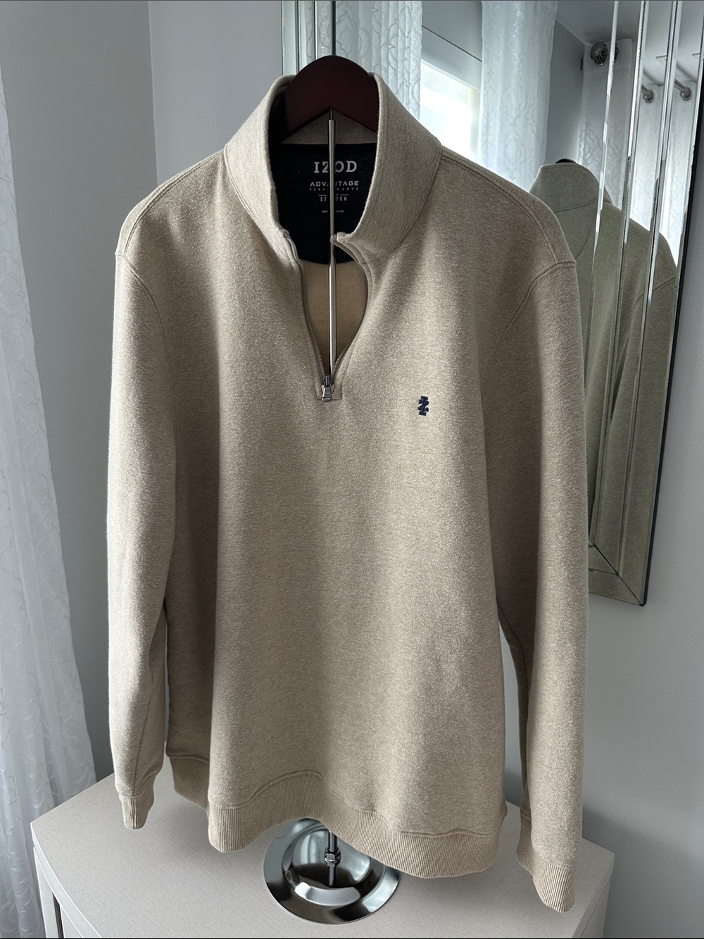 Izod Men's Taupe Half-Zip Pullover Sweater with Embroidered Logo